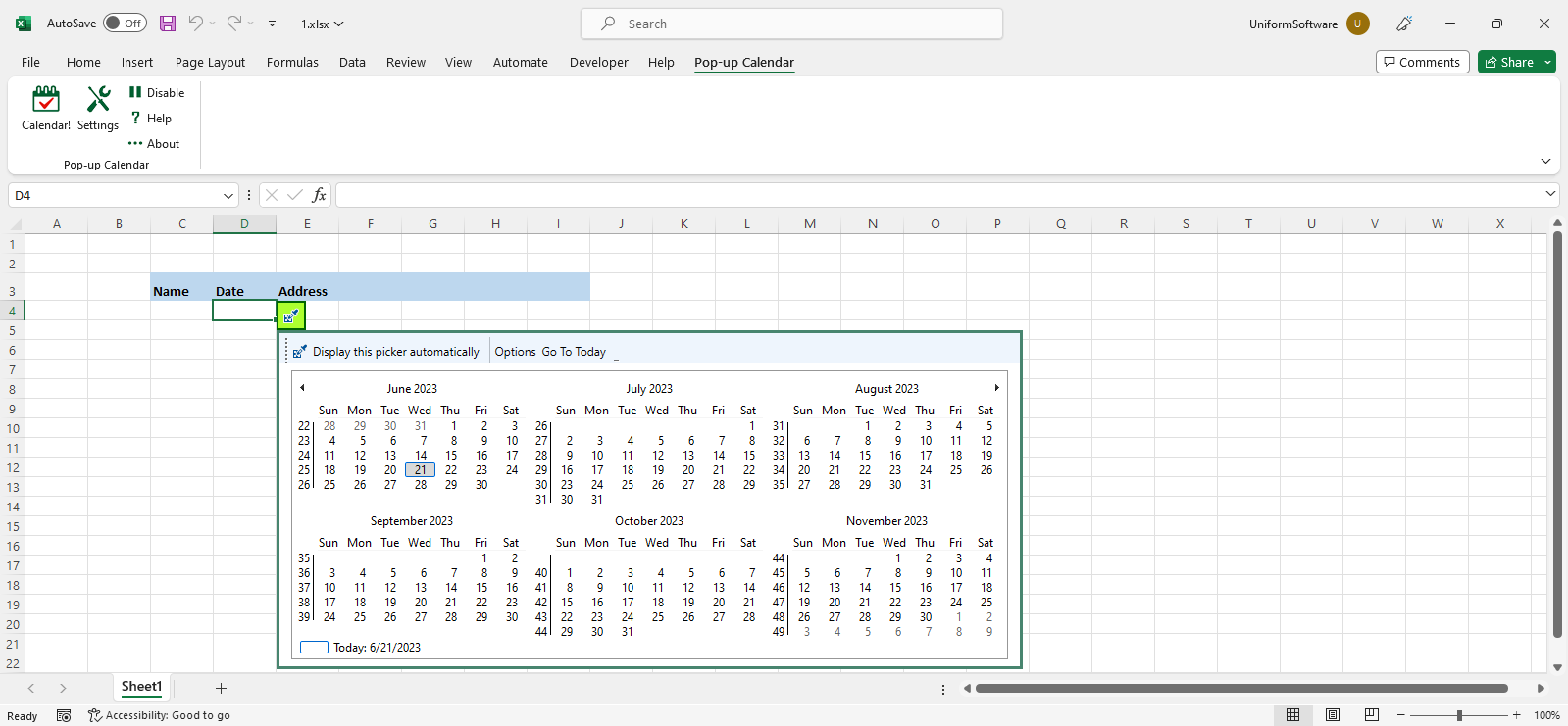 Excel Date Picker (Pop Excel Calendar) screenshot
