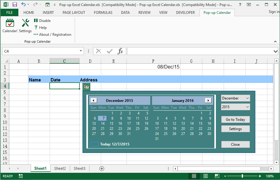 What is Excel Date Picker / Popup Excel Calendar?