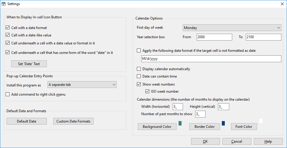 pop-up Excel Calendar Settings window in Excel 2013 and Windows 8