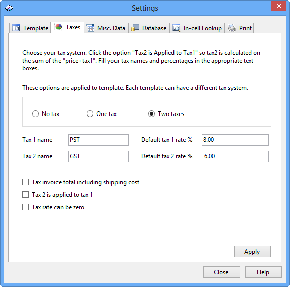 Taxes page on the Settings window