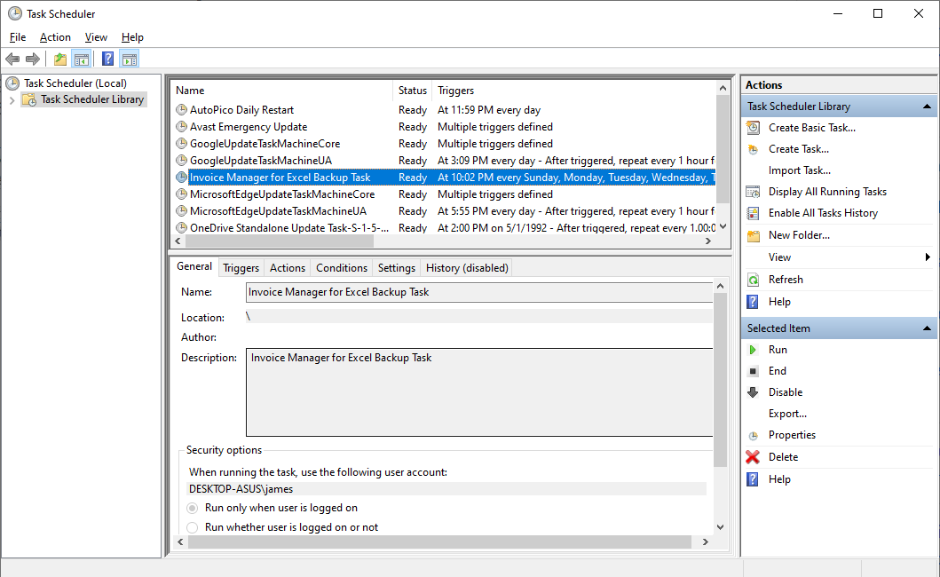 The Windows Task Scheduler utilized by Invoice Manager for Excel Backup Scheduler
