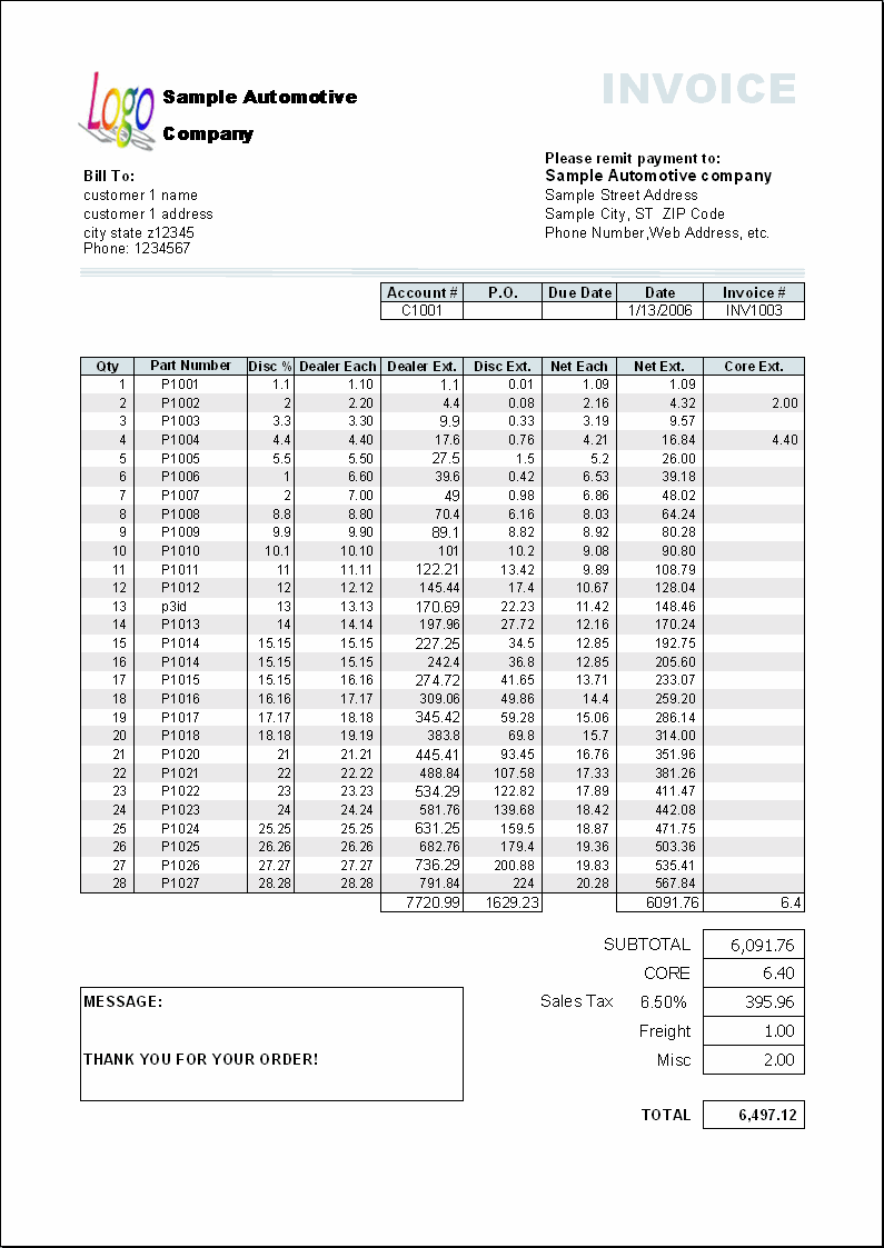 The print result of Excel Invoice Manager automotive template