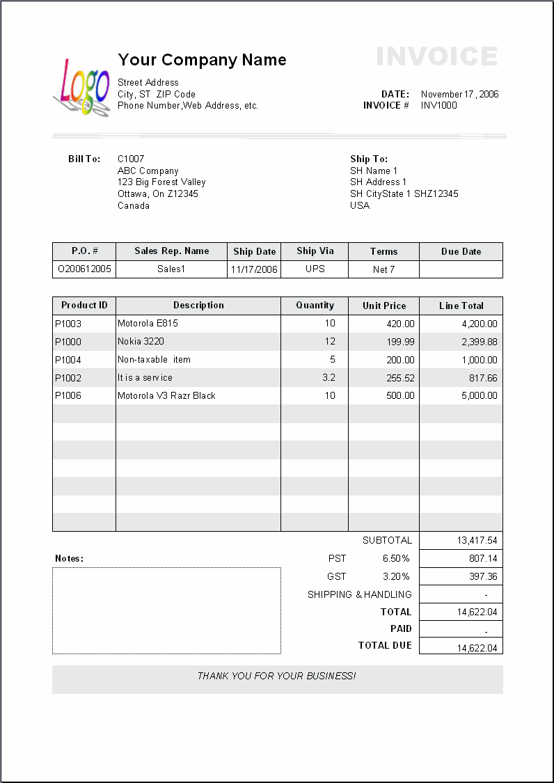 The print result of Excel Invoice Manager default invoice template