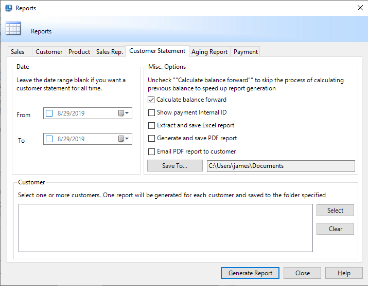 Email statement and aging report to customer (the Reports window)