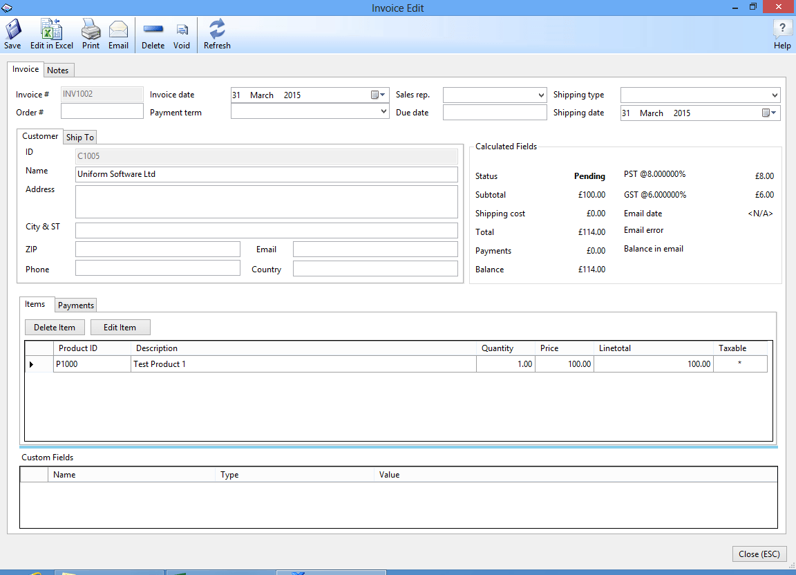 The Invoice Edit window with Payment tab on it