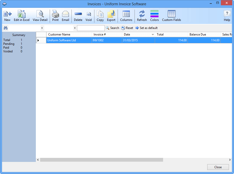 The Invoices data list window