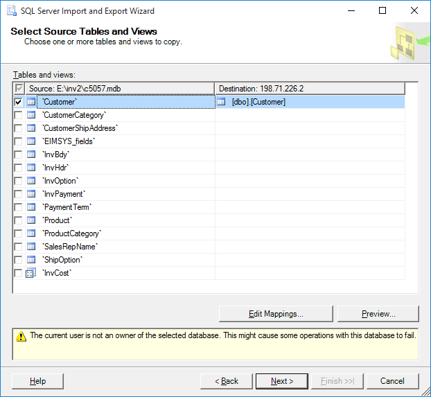 Select source table for migration