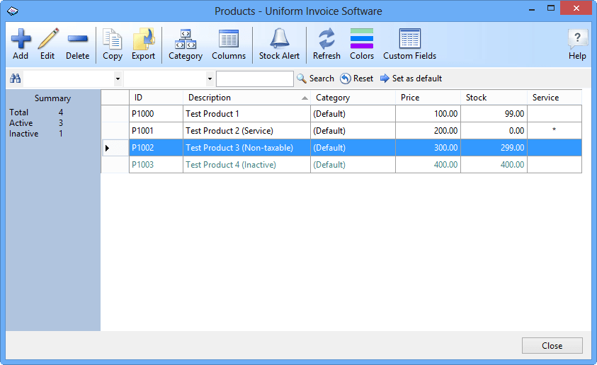 The Products data list window