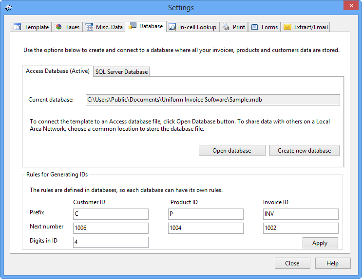Database tab, Settings dialog box
