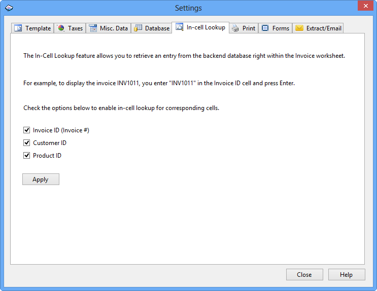 In-cell Lookup tab, Settings dialog box