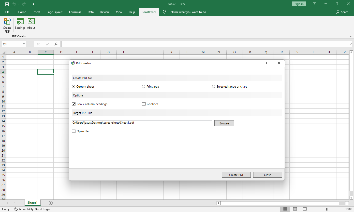 Excel ribbon and the 'Create PDF' command window