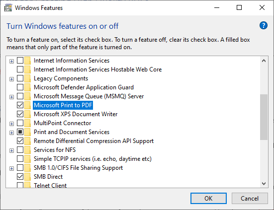 Windows Features dialog box