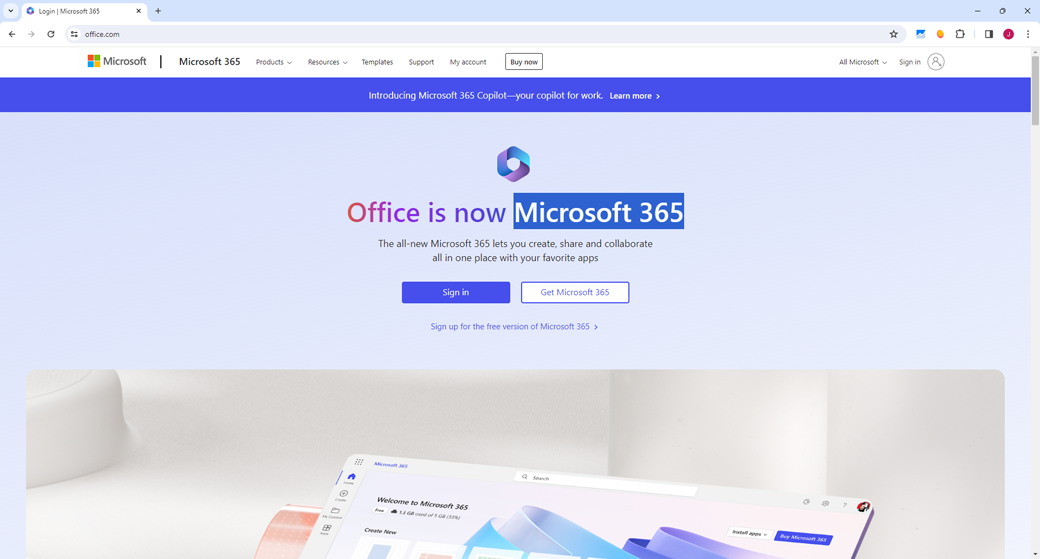 The home page of Microsoft 365 for the web