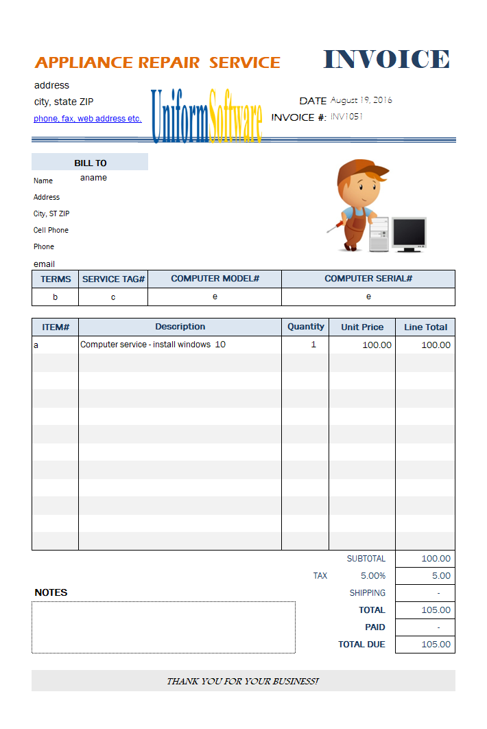 Appliance Repair Service Bill Template Throughout Cell Phone Repair Invoice Template