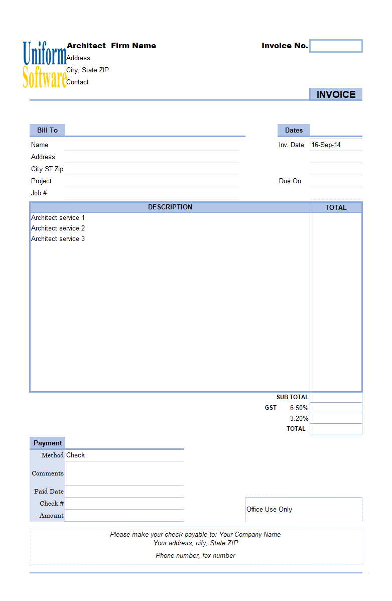 The screen shot for Architect Invoicing Sample