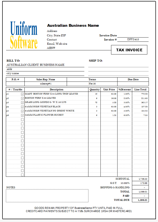 The screen shot for Simple Sales Invoice for Australia