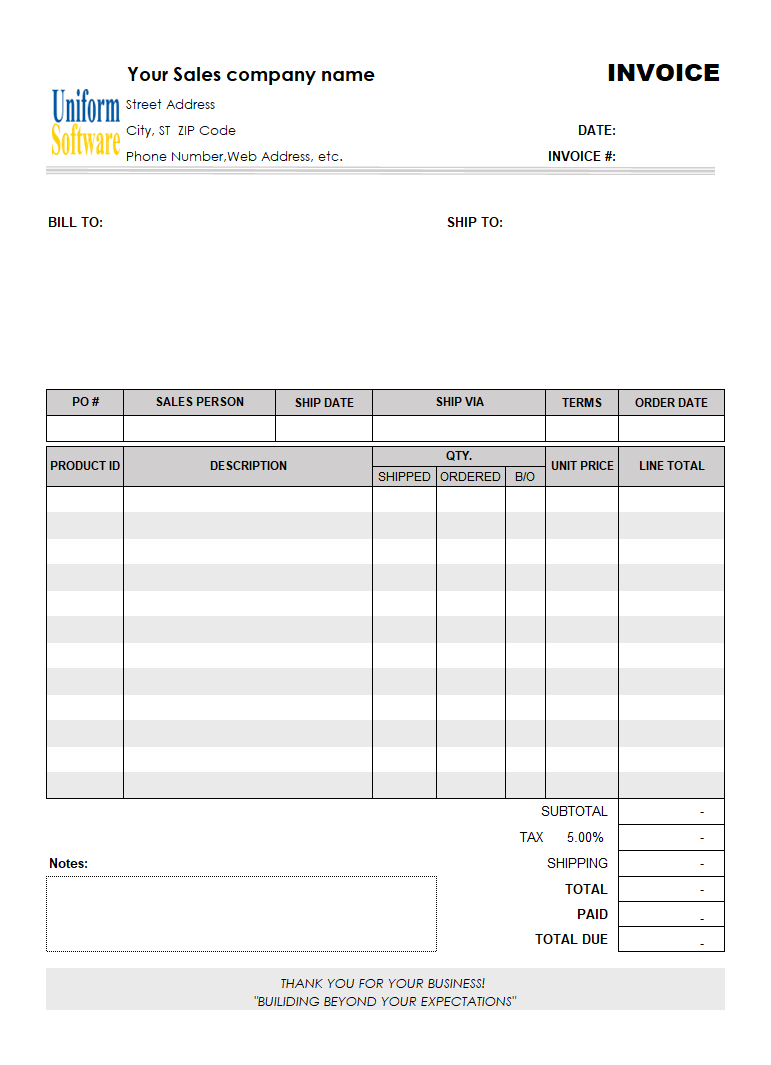 The screen shot for Backorder Invoice Template