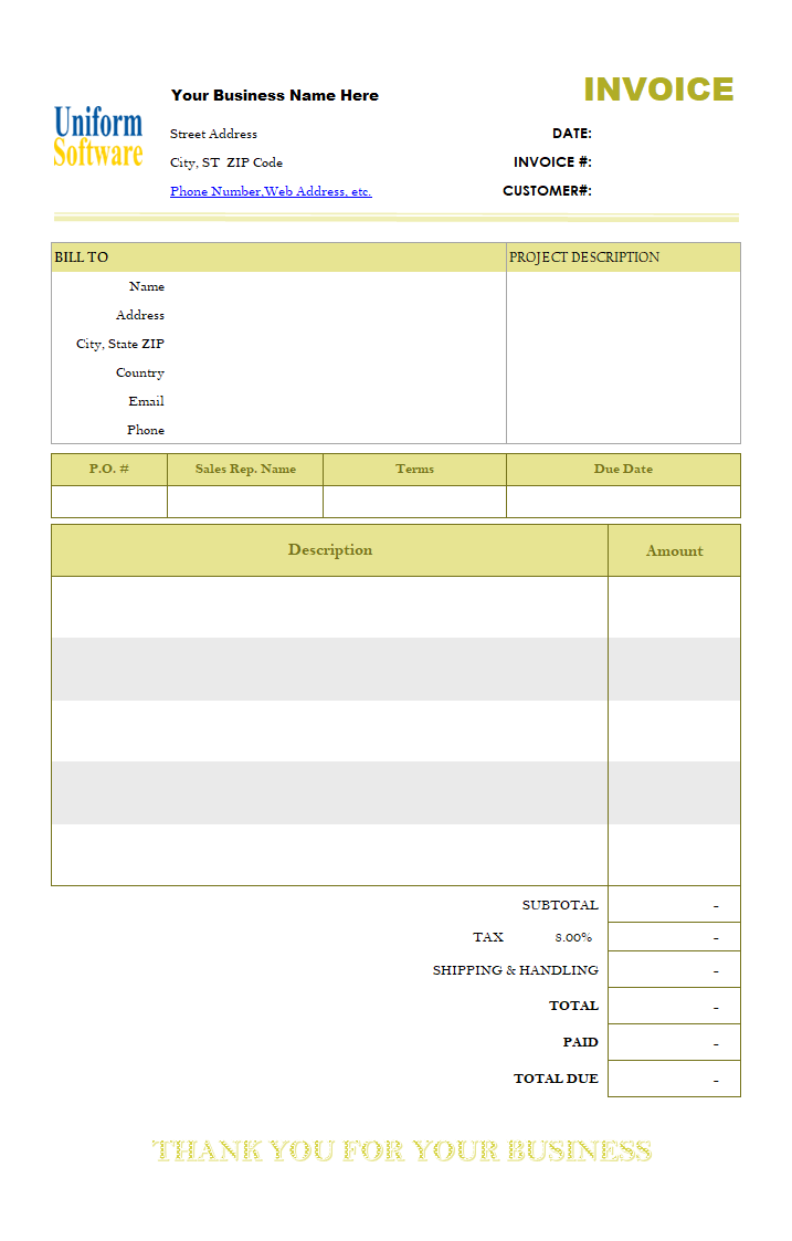 Basic Blank Service Invoicing Format (One-tax, Long Description)