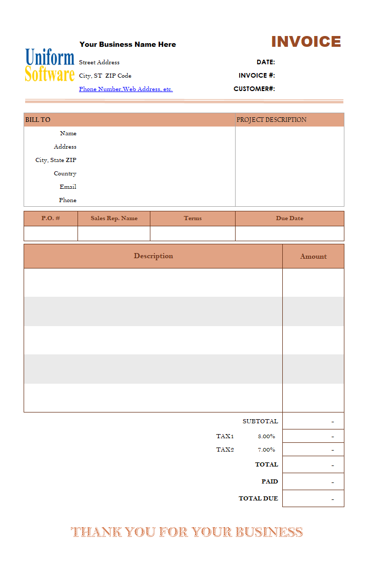 The screen shot for Basic Blank Service Bill Format (Two-taxes, Long Description)
