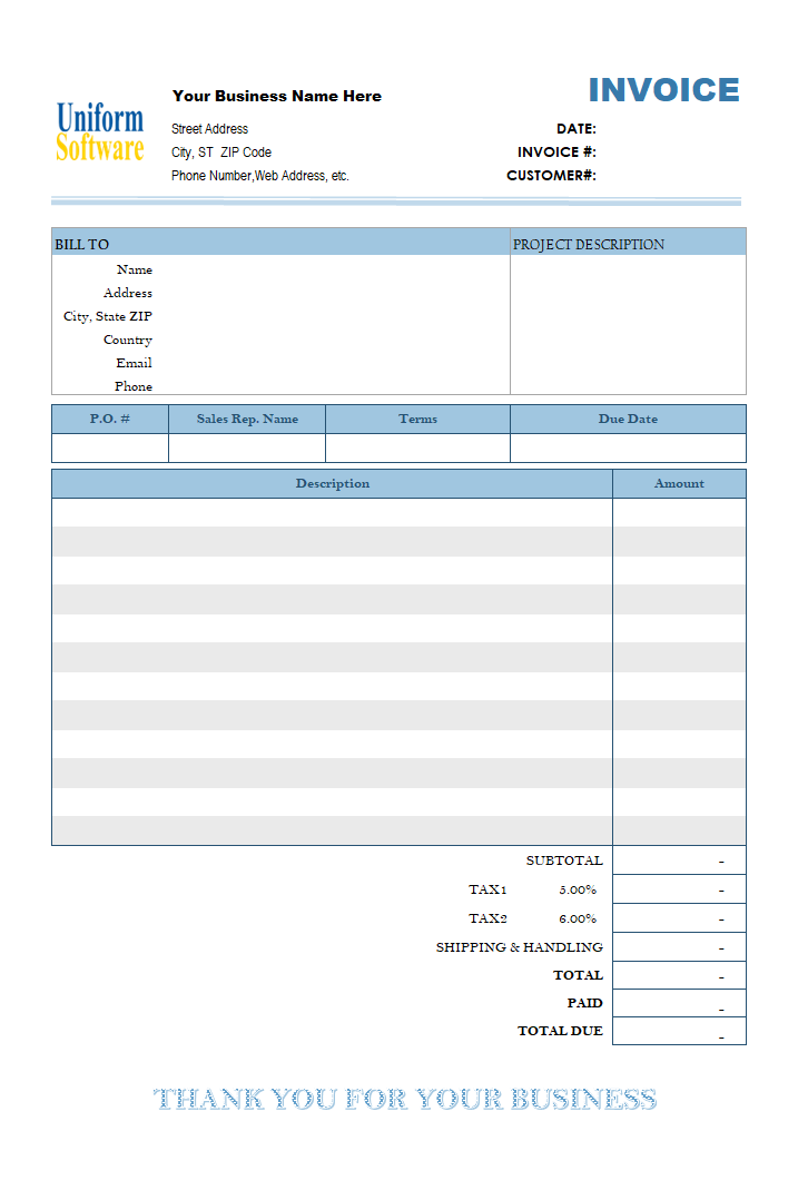 The screen shot for Basic Blank Service Invoice Format (Two-taxes)