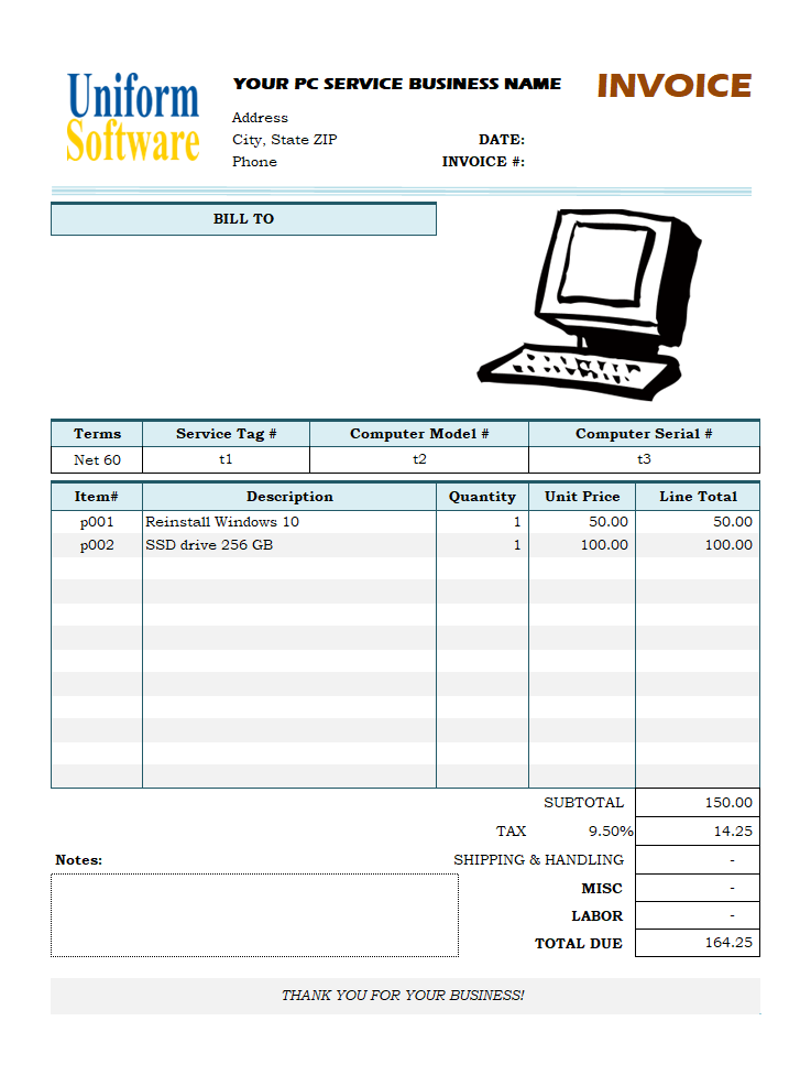 Bill Format for Computer Repair Service (IMFE Edition)