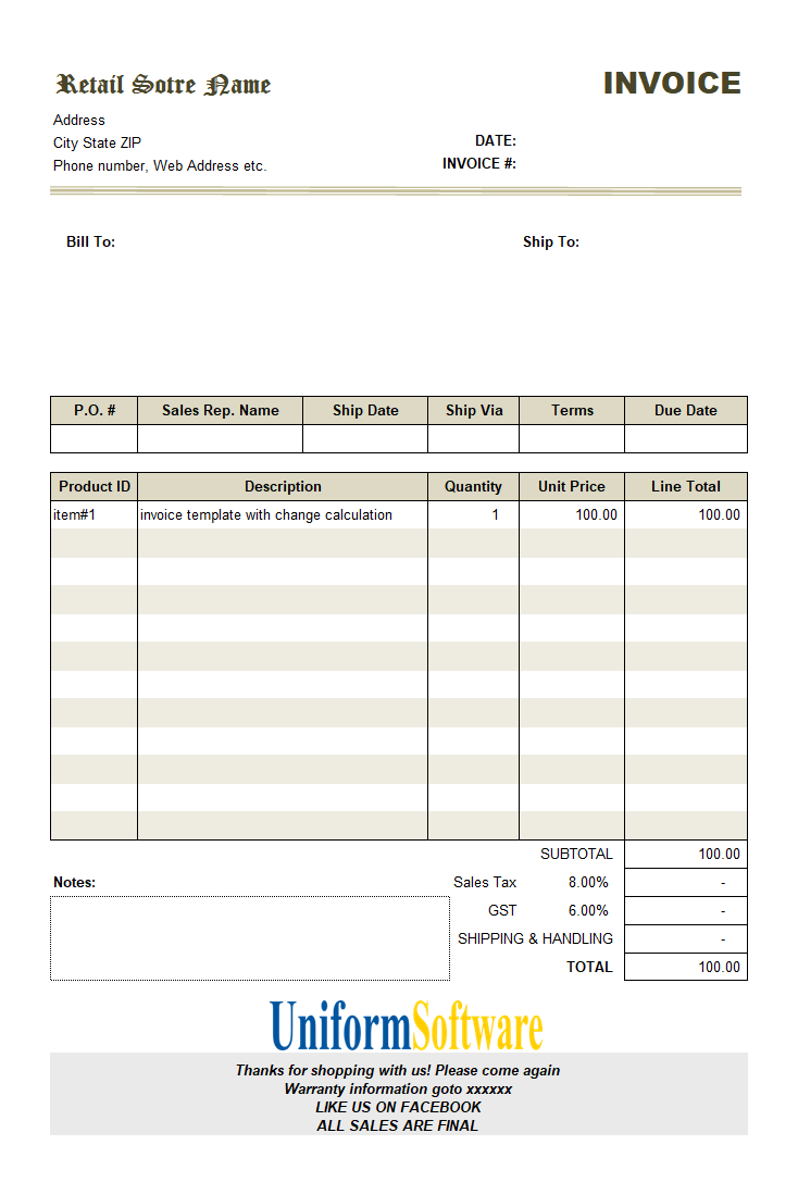 Bill Format with Change Calculation (IMFE Edition)