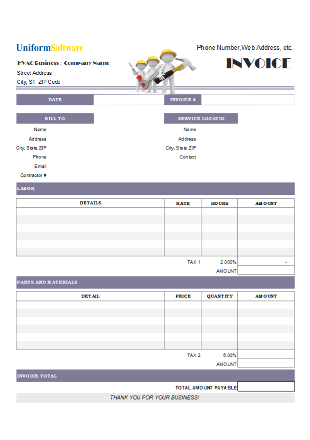 Invoicing Format for HVAC Service Regarding Hvac Service Order Invoice Template