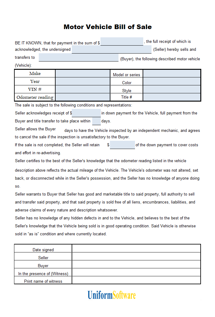 The screen shot for Bill of Sales Template