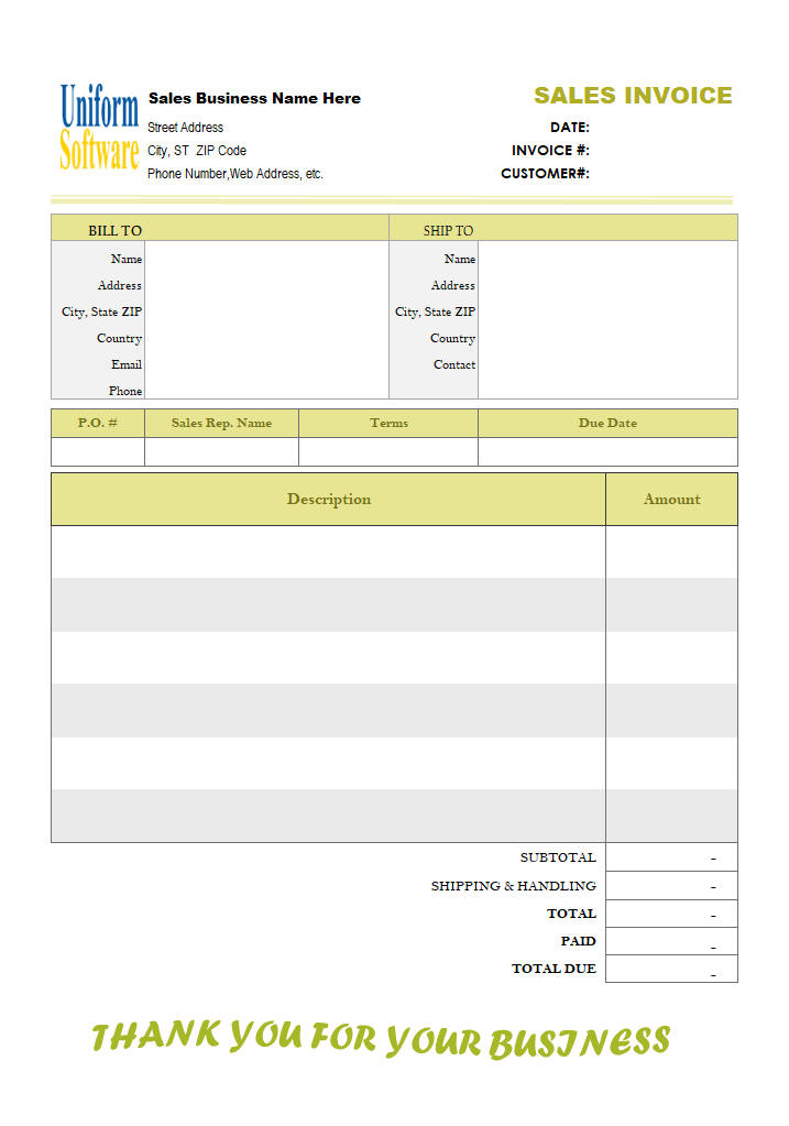 The screen shot for Blank Sales Billing Format (No-tax, Long Description)