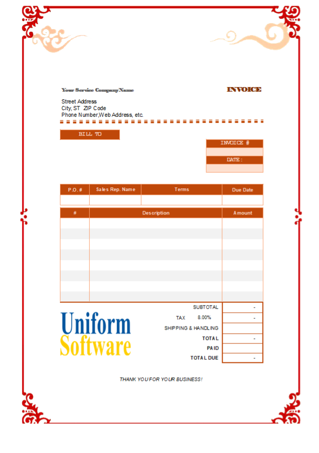 Blank Service Invoice Template with Auspicious Clouds Border