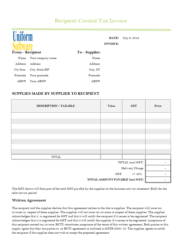 Recipient Created Tax Invoice Template Intended For Sample Tax Invoice Template Australia