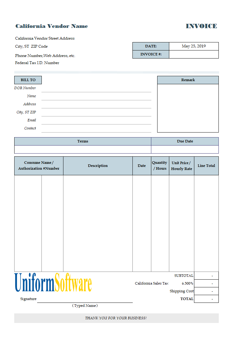 Invoice Template in Excel for California