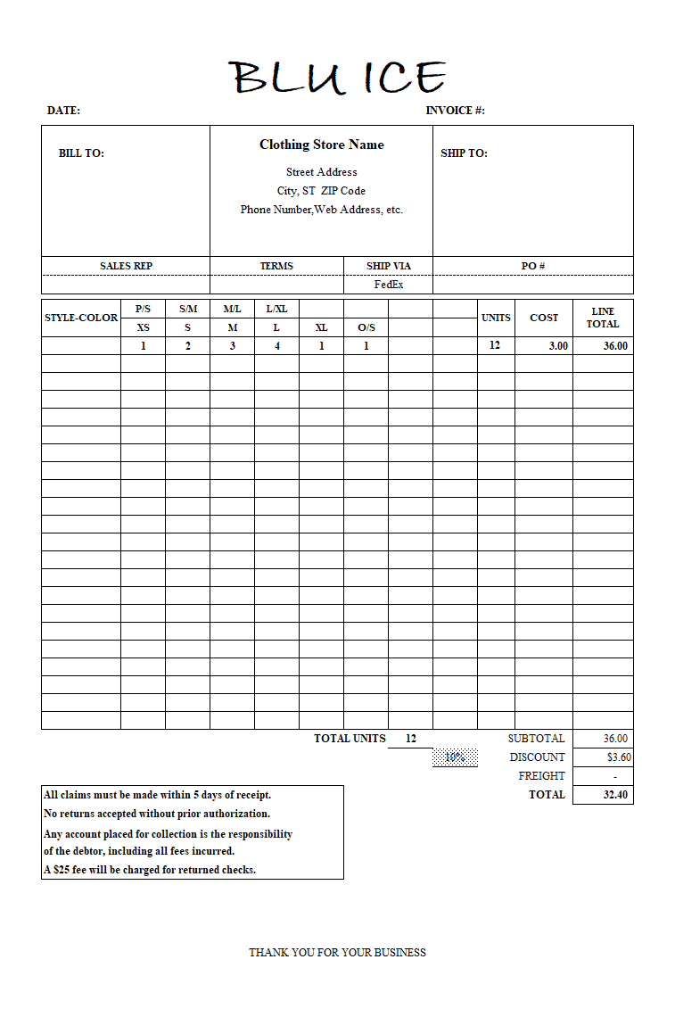 Clothing Store (Manufacturer) Invoice Format with Discount Percentage