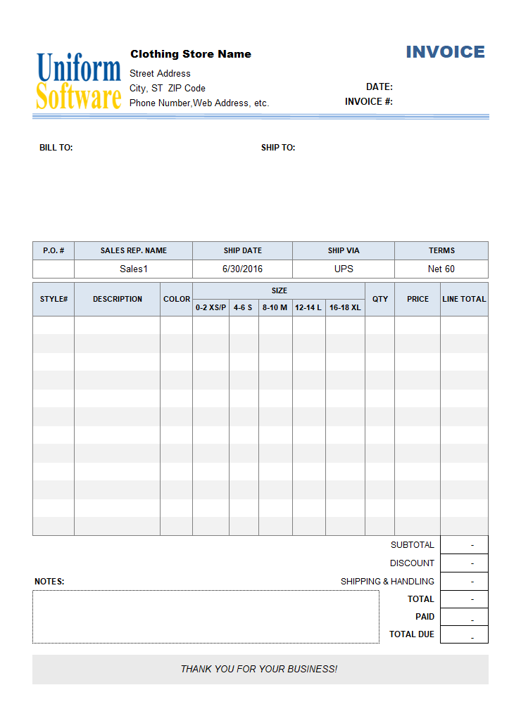Clothing Store (Manufacturer) Invoice with Size Breakdown Thumbnail