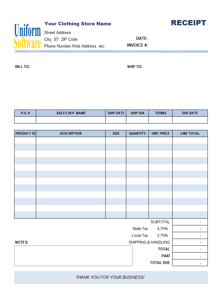 Clothing Store Invoice Template