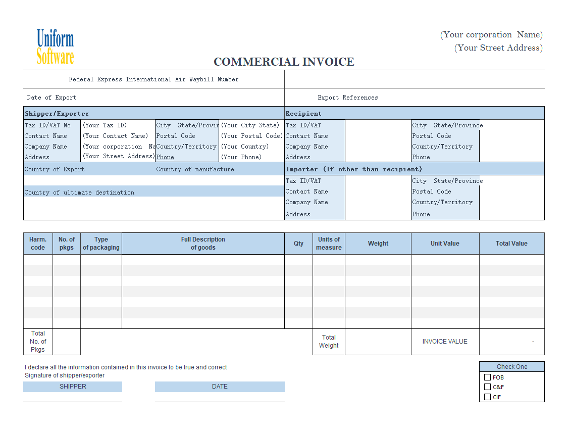 Commercial Invoice - FedEx Style (Landscape) (IMFE Edition)