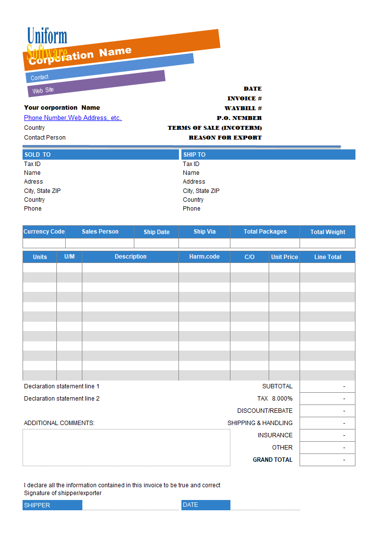 Commercial Invoice Template with Colorful Business Name (IMFE Edition)
