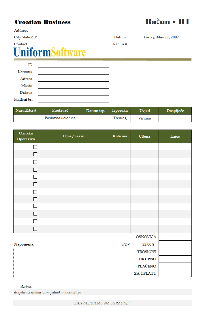 The screen shot for Croatian Invoice Template
