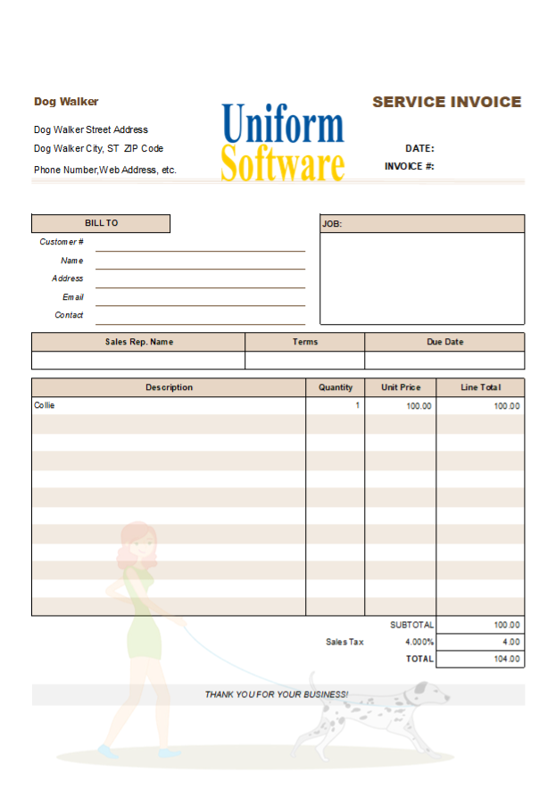 The screen shot for Dog Walking Invoice Sample