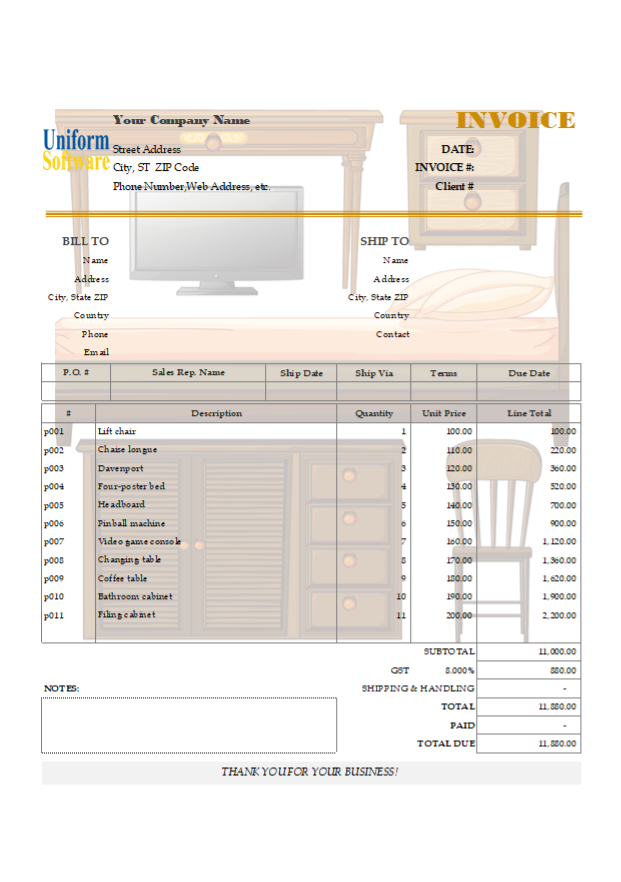 Editable Bill Sample for Furniture and Appliances (IMFE Edition)