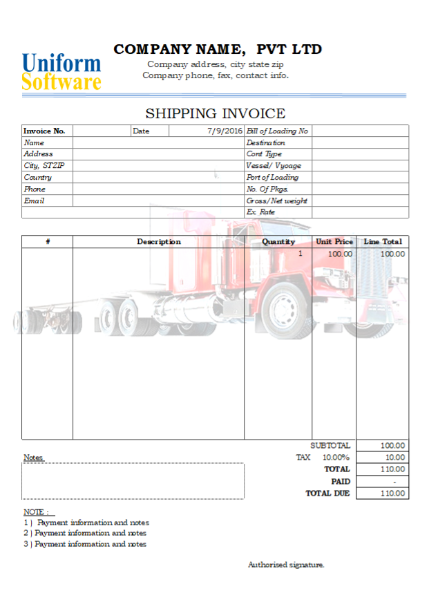 Excel Shipping Invoice with Printable Truck Background Image (IMFE Edition)