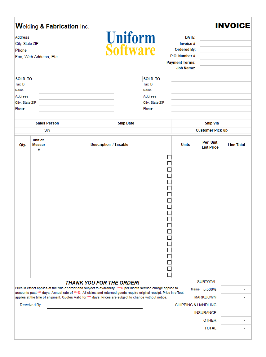 Welding and Fabrication Tax Invoice