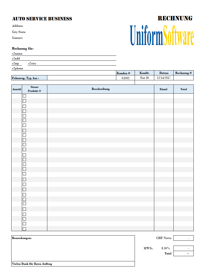 The screen shot for German Auto Service Invoice Template
