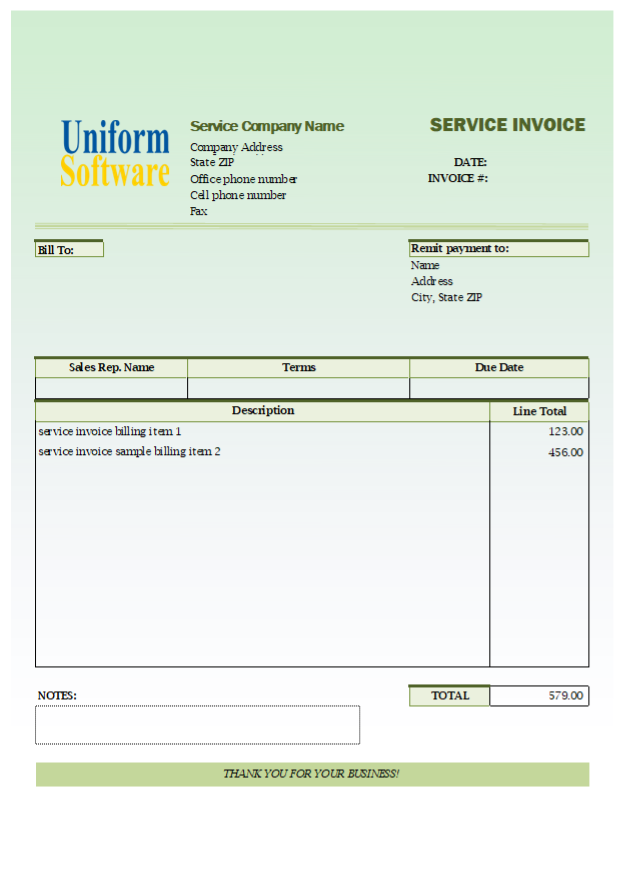 The screen shot for Green Gradient Service Invoice