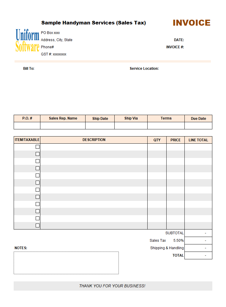 Handyman Invoice Template (Sales Tax) (IMFE Edition)
