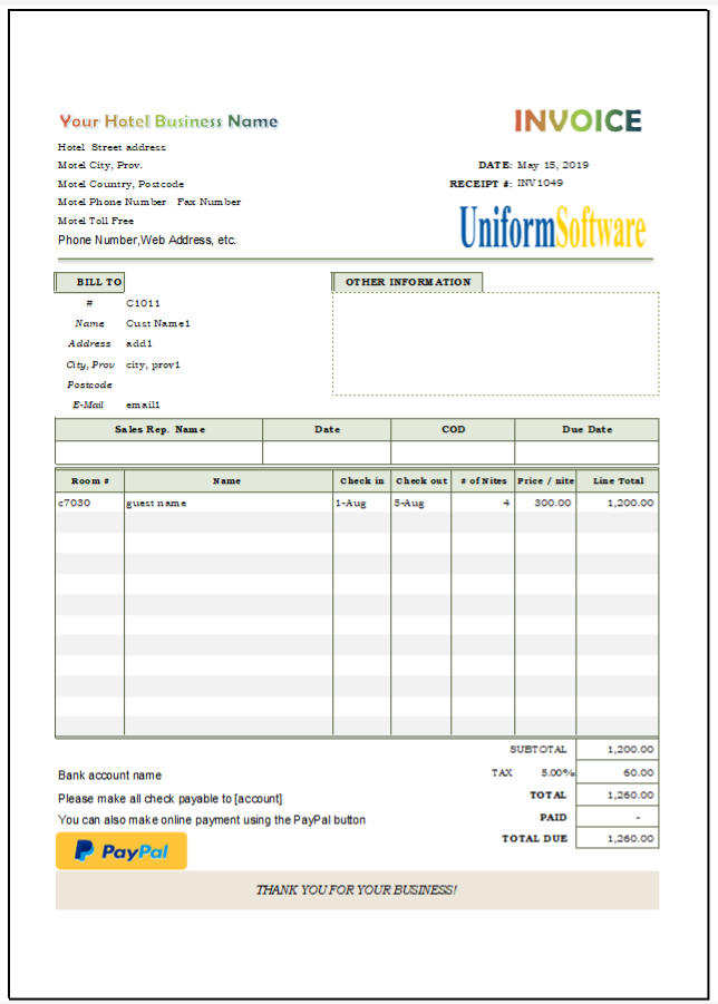 Hotel Bill Format with Online Payment Button (IMFE Edition)