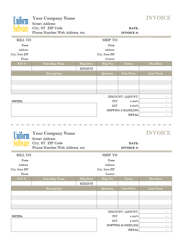 The screen shot for 5.5 Inch X 8.5 Inch: 2 Invoices On One Template