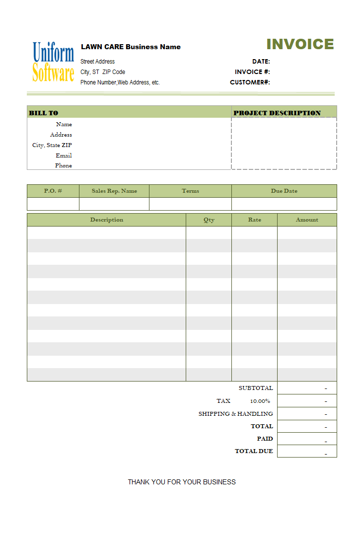 The screen shot for Lawn Care Invoice Template