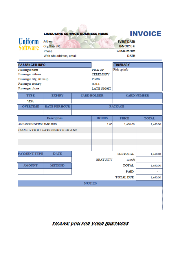 Limousine Service Invoice with Notes (IMFE Edition)