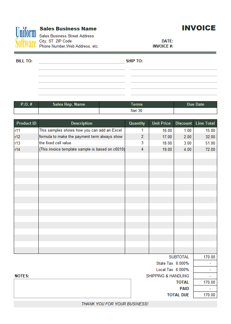 Invoice Sample with Net 30 Payment Term